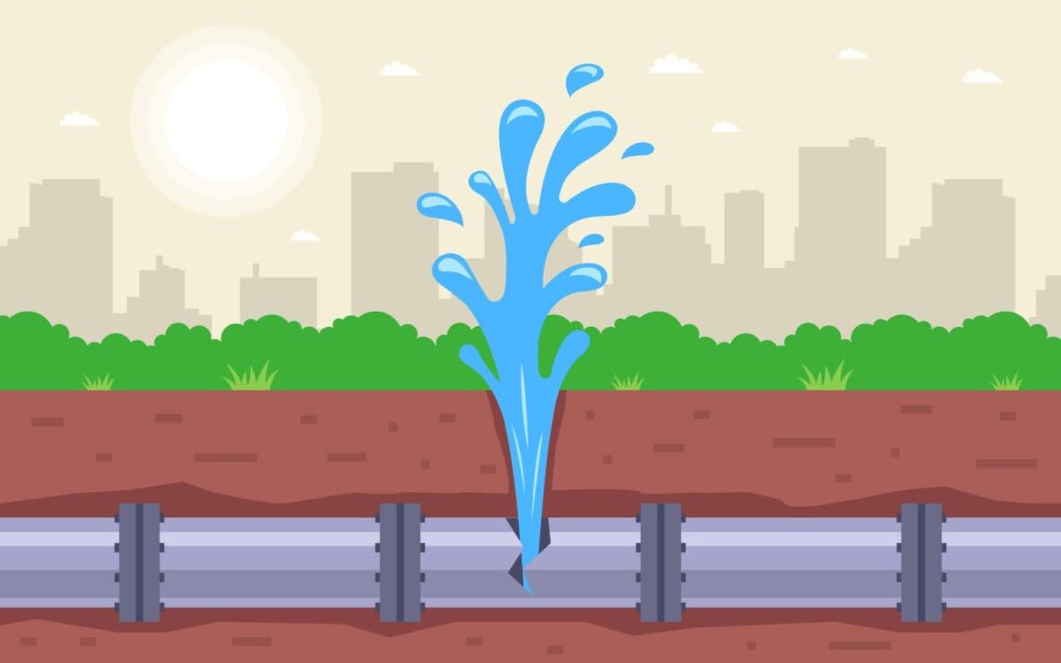 An illustration of a broken sewer line underground that is spewing water into the air