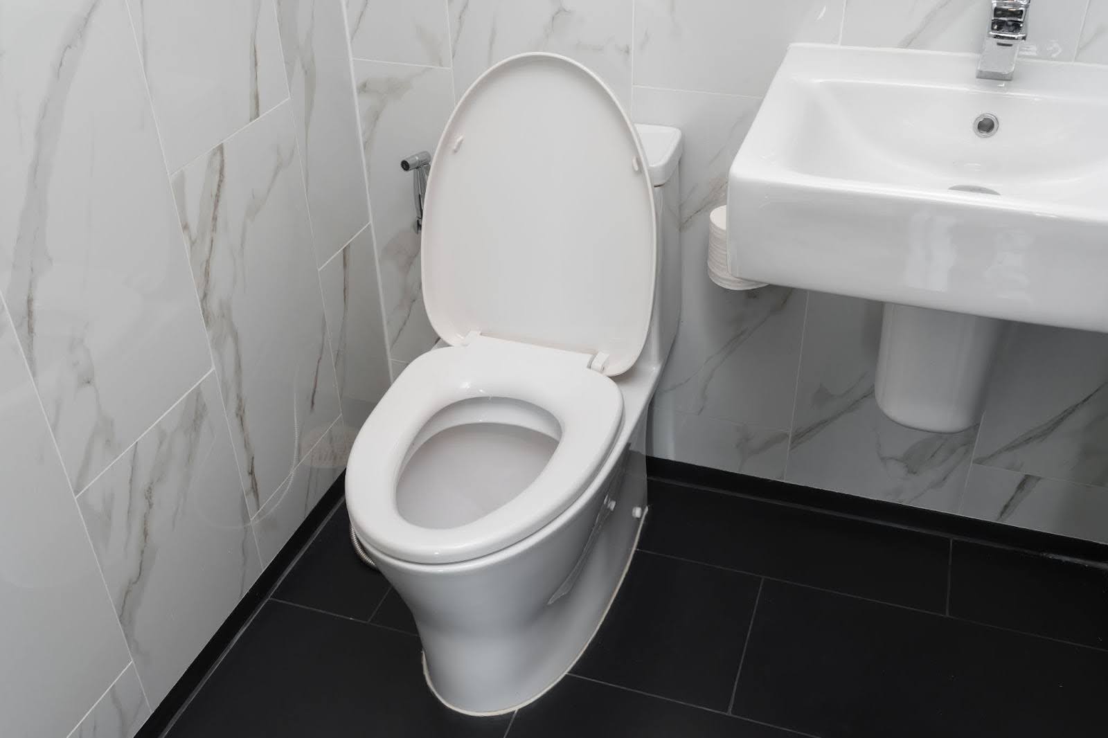 A toilet with the lid raised